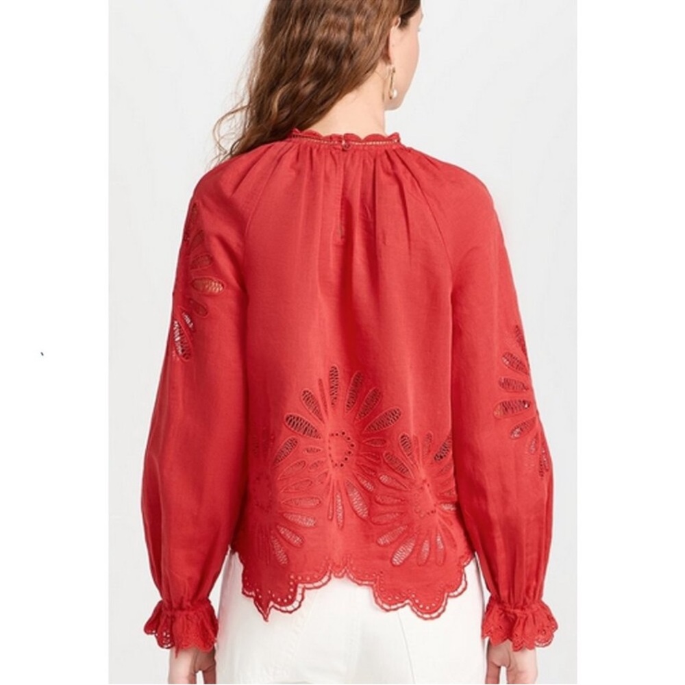 Ulla Johnson | Louisa Red Floral Eyelet Linen Blend Blouse Women’s Sz 6 - Picture 6 of 7